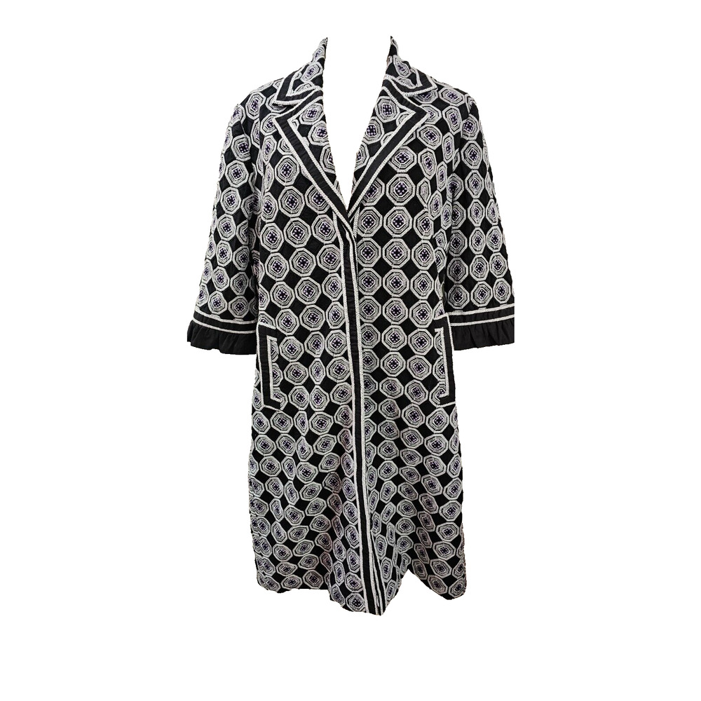 NWT $268 T Tahari Coat Long Line Jacket Embroidered Black White Size Large NEW‎